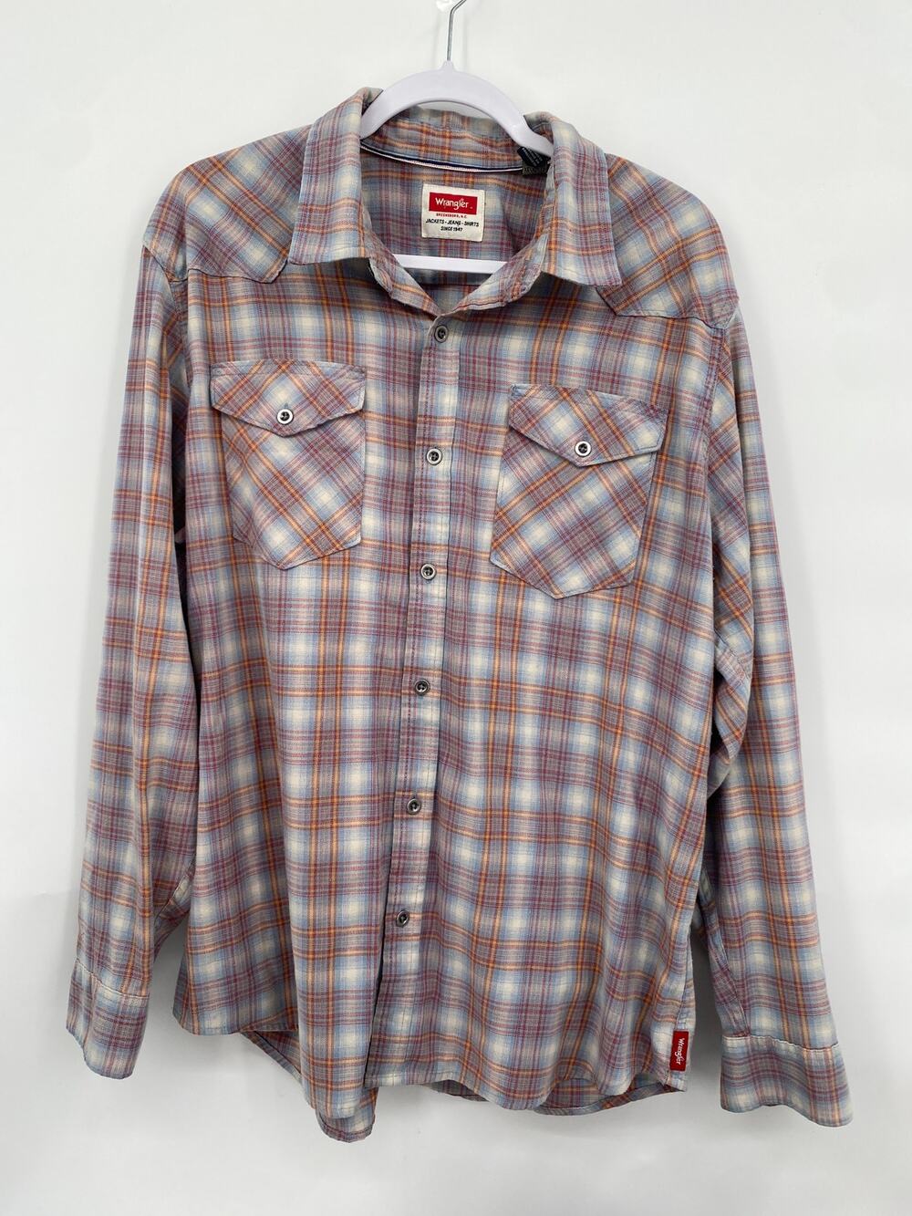 Wrangler Tan Blue Button-Up Long Sleeve Plaid Rancher Shirt 112315588 XL